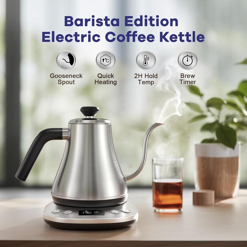 Mecity Electric Gooseneck Kettle With LCD Display Automatic Shut Off Retro Coffee Kettle Temperature Control Hot Water Boiler to Pour Over Tea, 1200 Watt Quick Heating Tea Pot, 0.8L, Stainless Steel - Image 2